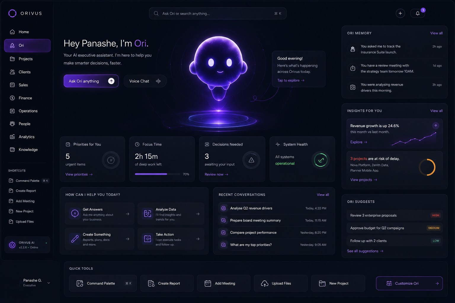 The Ori tab inside Orivus Workspace, showing Priorities for You, Focus Time, Decisions Needed, System Health, Recent Conversations, Ori Memory, Insights For You, and Ori Suggests